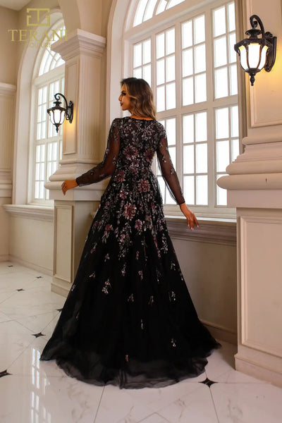 251M4408 Full Sleeves Scoop Neck Beaded Tulle Ballgown Dress