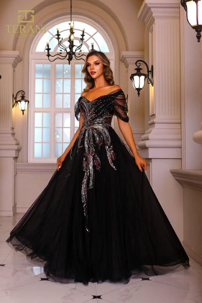 251M4411 Off The Shoulder Cap Sleeves Beaded Tulle Ballgown Dress