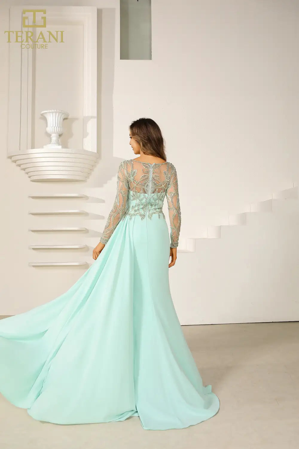 251M4420 Illusion Neck Full Sleeves sheath Long Dress