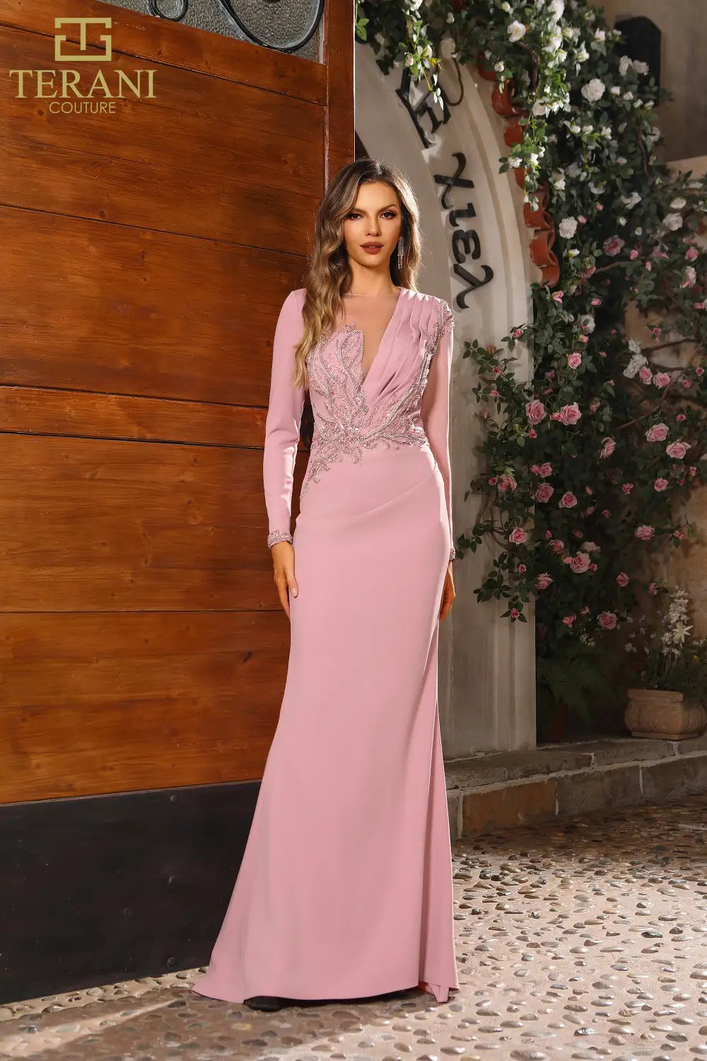 251M4422 Asymmetrical Full Sleeves Sheath Long Dress
