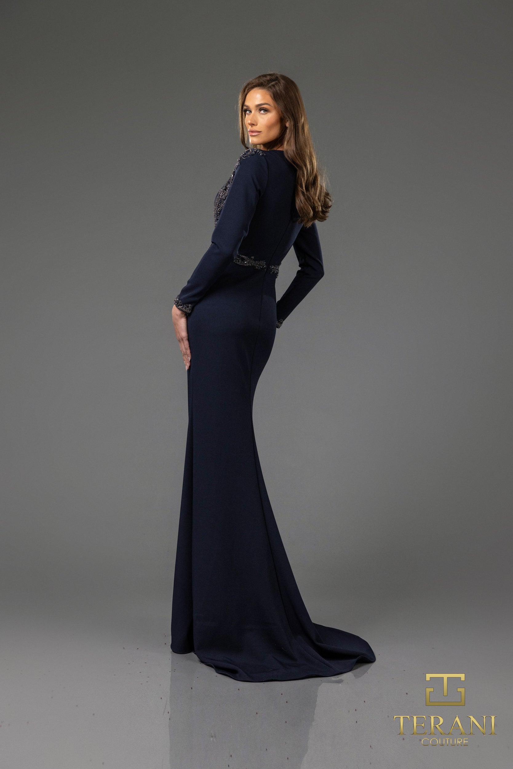 251M4422 Asymmetrical Full Sleeves Sheath Long Dress