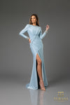 251M4433 Round Neck Full Sleeves Stretch Metallic Sheath Long Dress