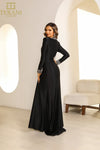 251M4433 Round Neck Full Sleeves Stretch Metallic Sheath Long Dress