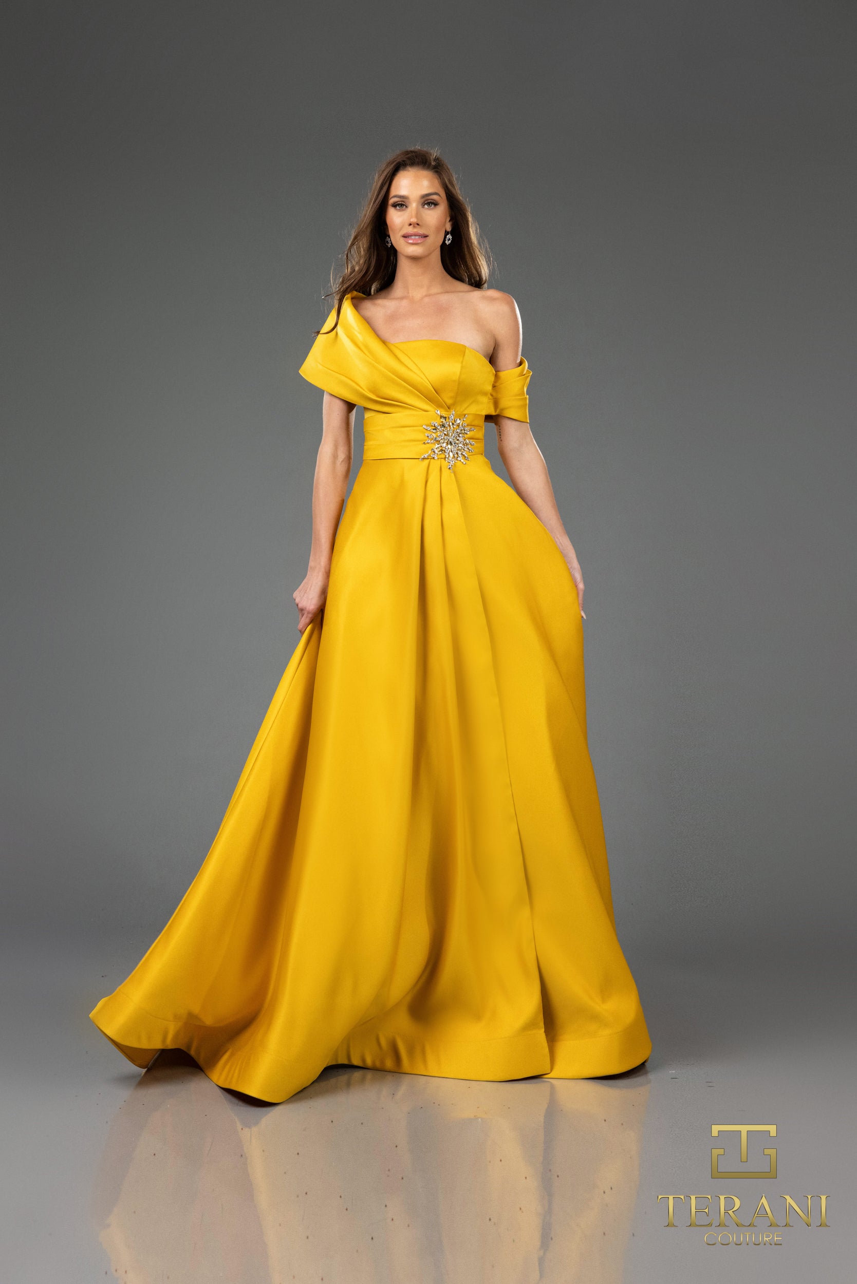 251M4441 Matte Satin A-line One Shoulder Long Dress
