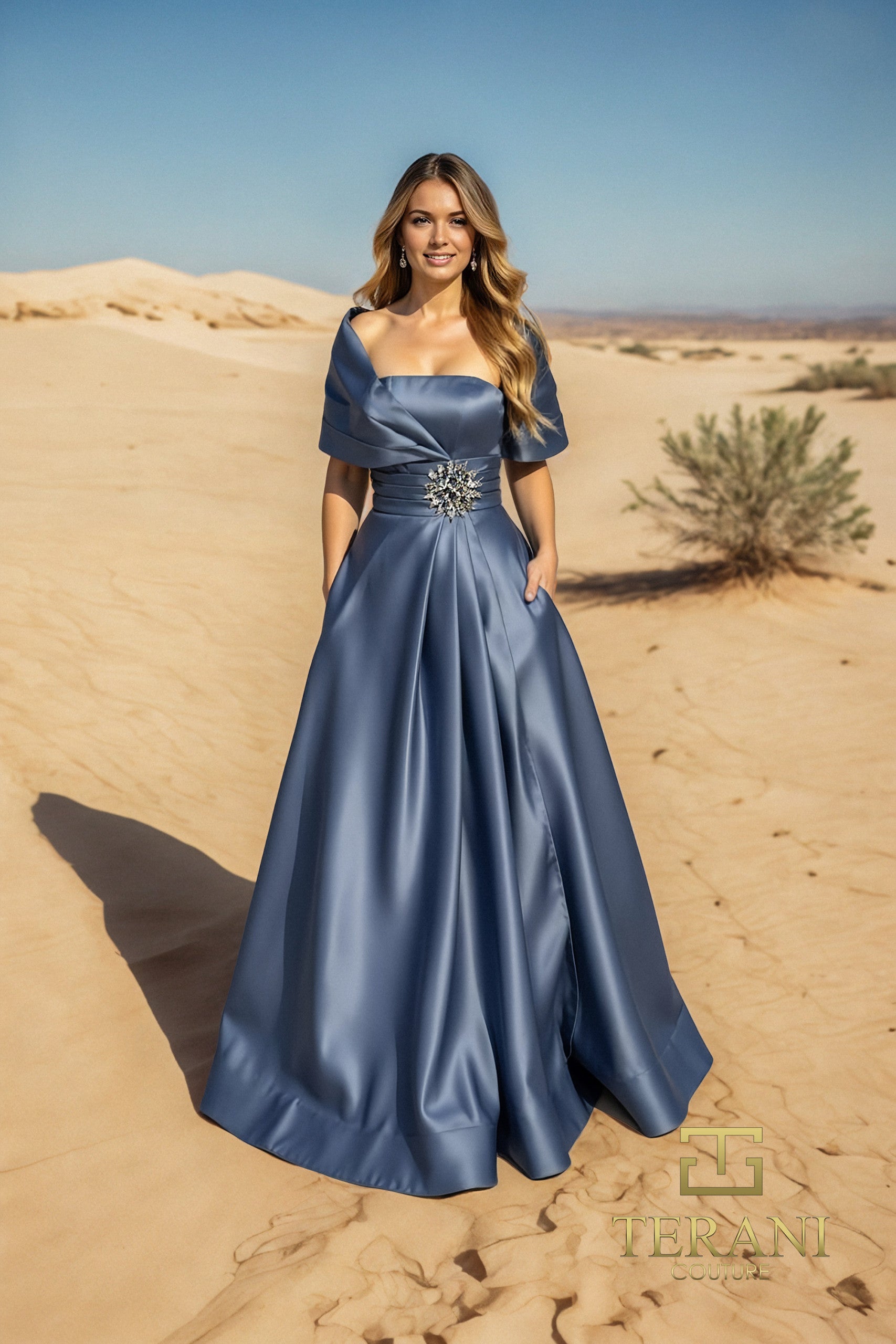 251M4441 Matte Satin A-line One Shoulder Long Dress
