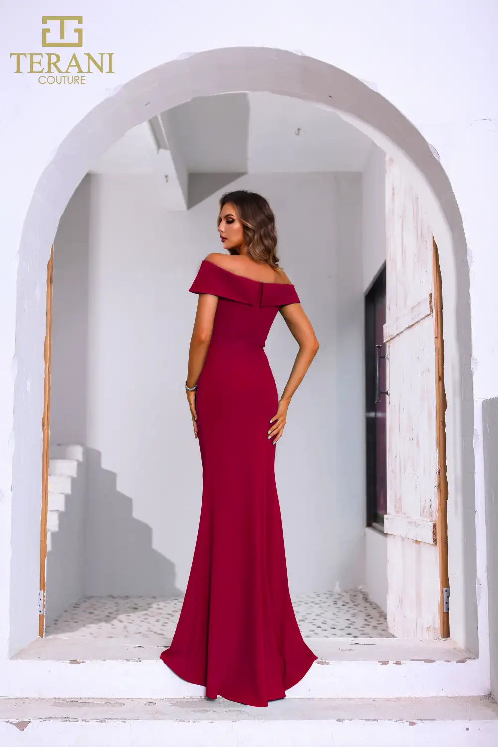 251M4444 Off The Shoulder Stretch Crepe Long Fit And Flare Dress