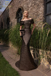 251M4448 Off The Shoulder Metallic Jacquard Long Trumpet Dress