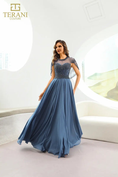 251M4563 Illussion Neck Chiffon Long A-line Dress