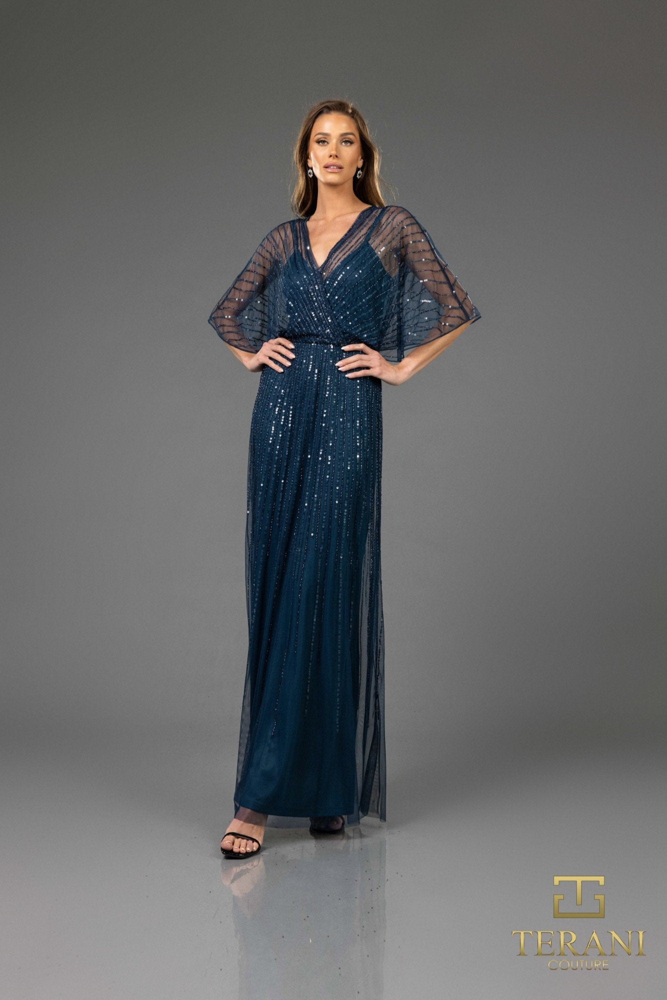 251M4613 V-neck Sequin Long A-line Dress