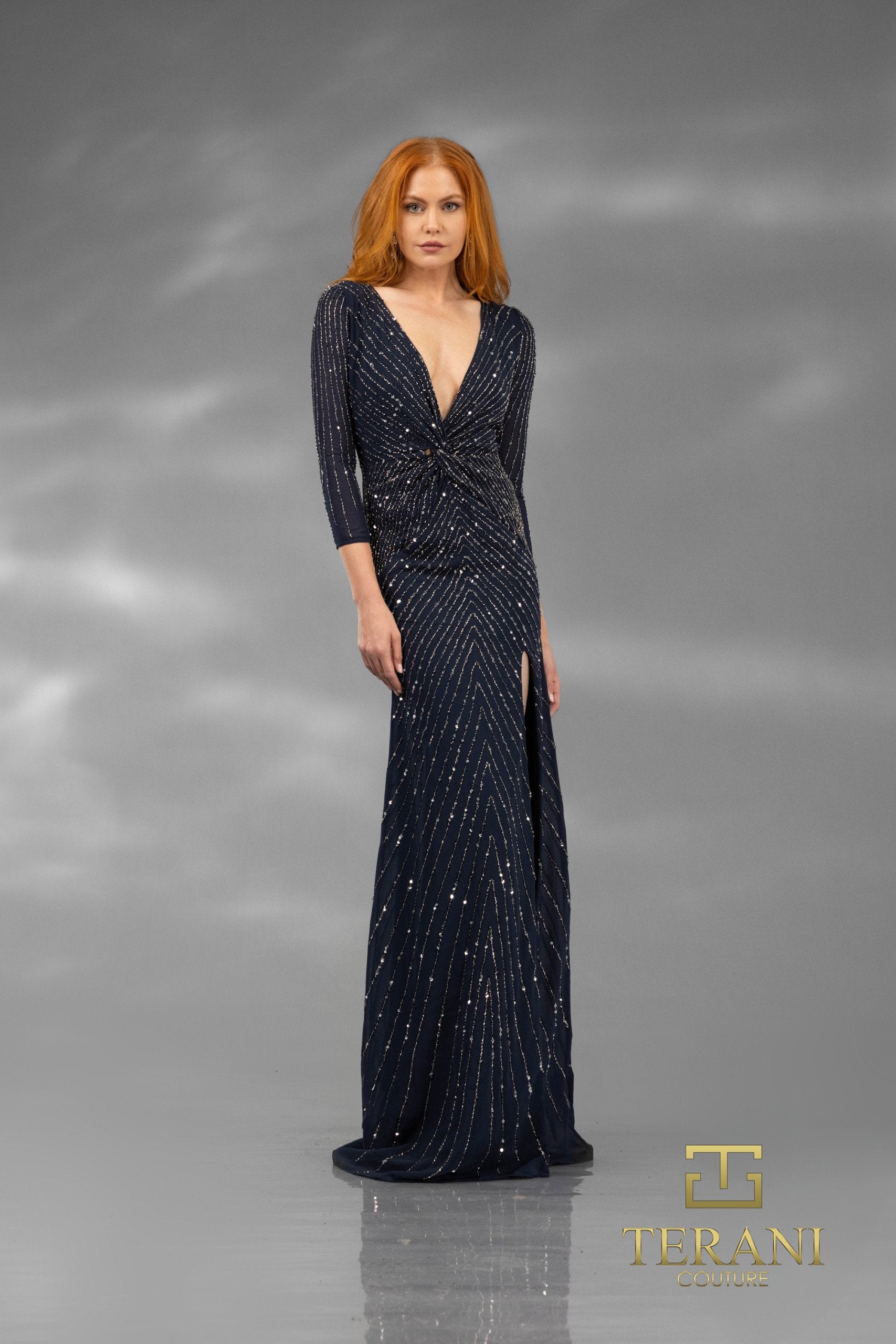251M4614 Navy Sheath V-neck Sequin Long Dress