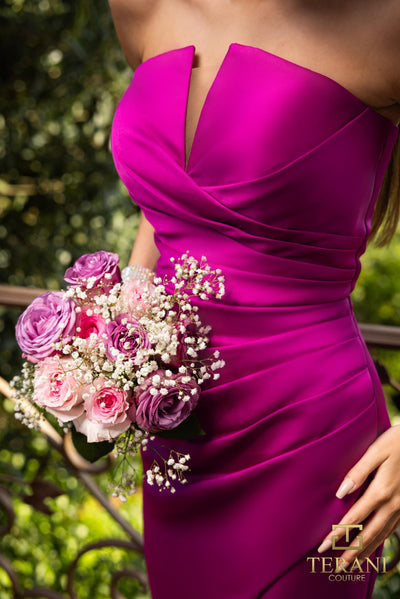 251P4023 Asymmetrical Strapless Front Slit Matte Satin Dress