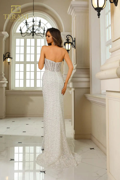 251P4030 Strapless Beaded Tulle Bodycon High Slit Dress