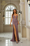 251P4030 Strapless Beaded Tulle Bodycon High Slit Dress