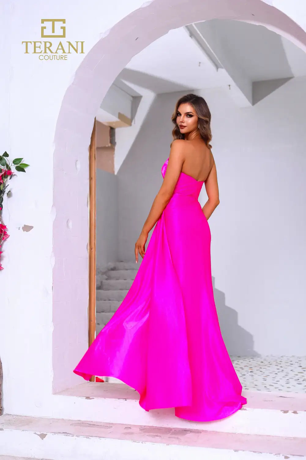251P4055 Strapless Stretch Metallic Fit And Flare Long Prom Dress