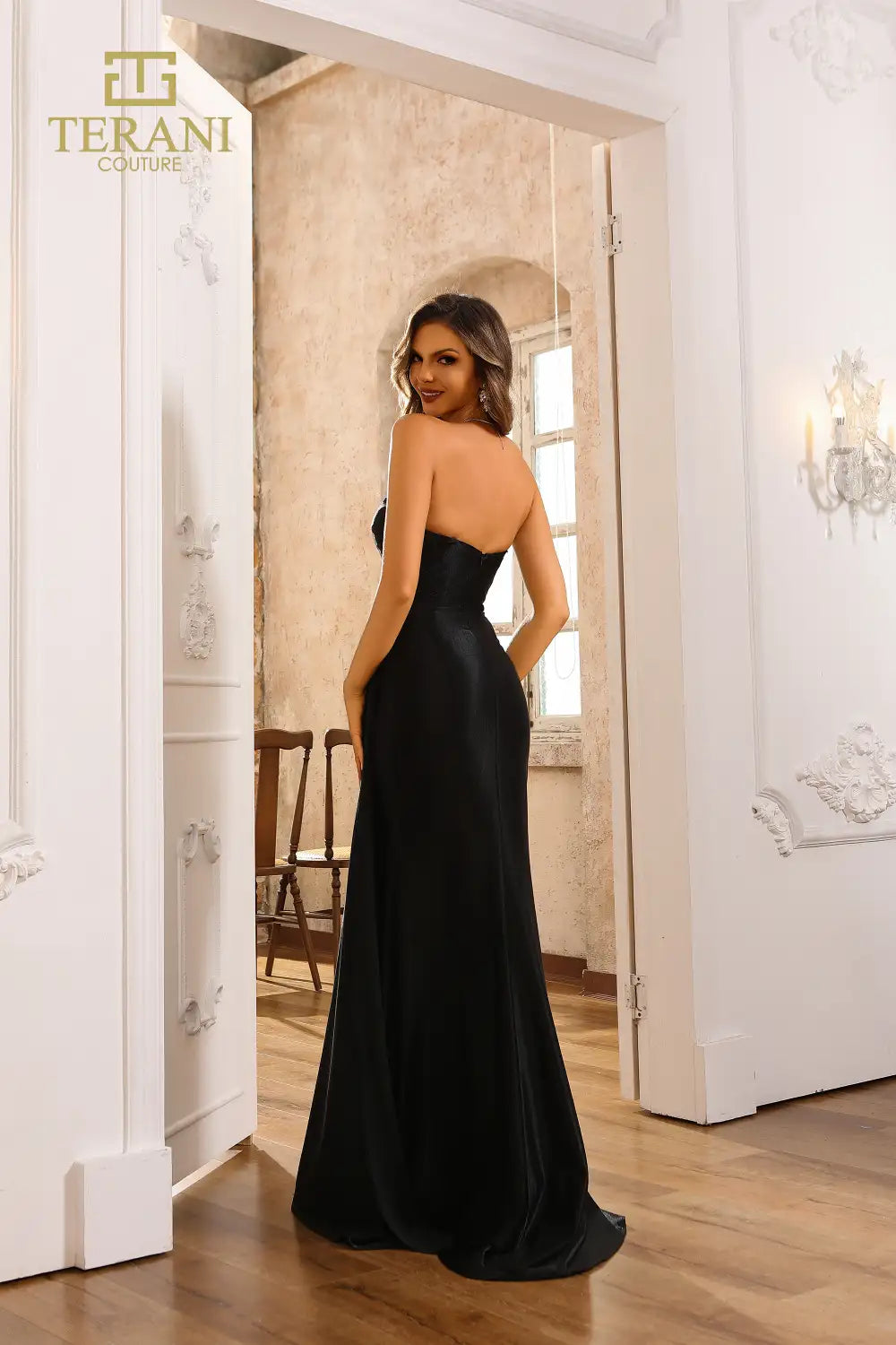 251P4055 Strapless Stretch Metallic Fit And Flare Long Prom Dress