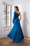 251P4056 Fit And Flare Asymmetrical Stretch Metallic Long Prom Dress