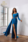 251P4056 Fit And Flare Asymmetrical Stretch Metallic Long Prom Dress
