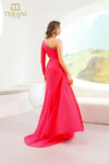 251P4056 Fit And Flare Asymmetrical Stretch Metallic Long Prom Dress