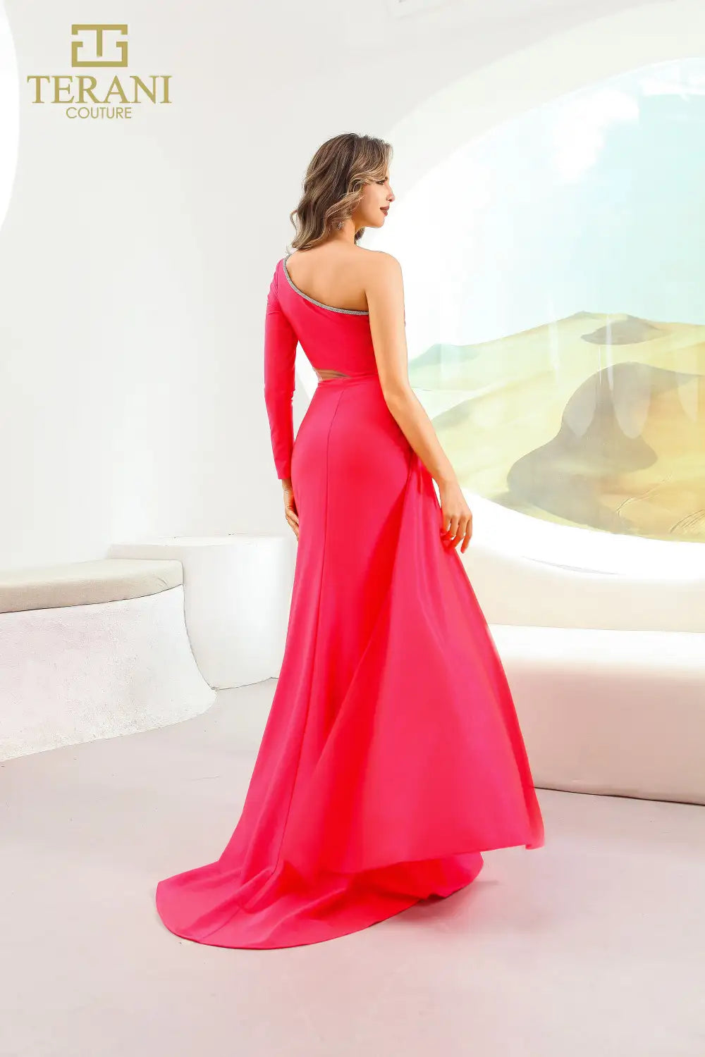 251P4056 Fit And Flare Asymmetrical Stretch Metallic Long Prom Dress