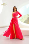 251P4056 Fit And Flare Asymmetrical Stretch Metallic Long Prom Dress