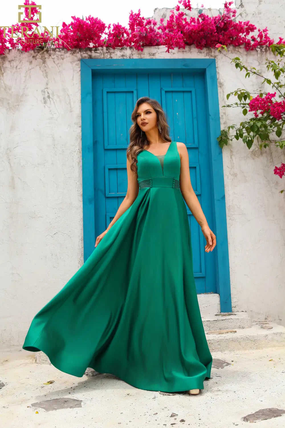 251P4113 V-Neck Sleeveless Satin A-Line Ballgown