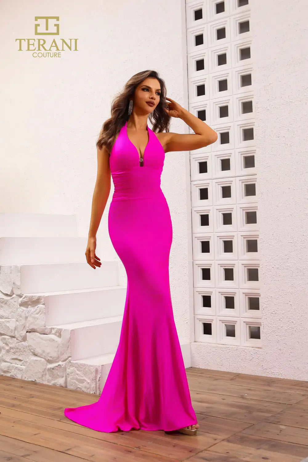 251P4139 Fit And Flare Halter Neck Sleeveless Long Prom Dress