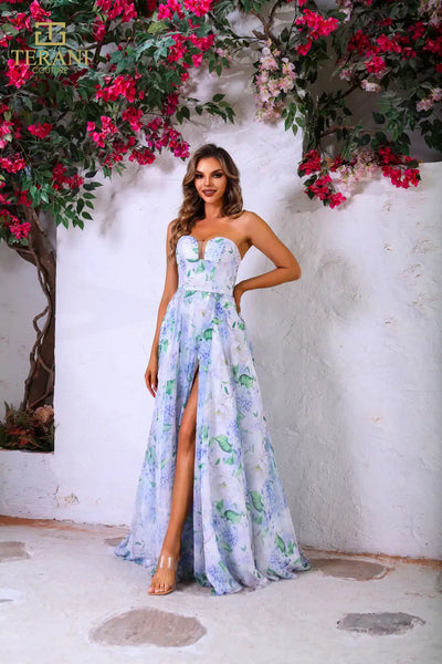 251P4142 Ivory Multi Sweetheart A-Line Strapless Dress
