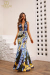 251P4146 Fit And Flare Sleeveless Printed Satin Long Prom Dress