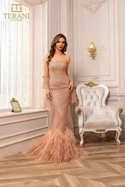 251P4303 Strapless Beaded Tulle Mermaid Prom Dress