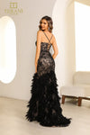 251P4321 V-Neck Front Slit Beaded Tulle Long Dress
