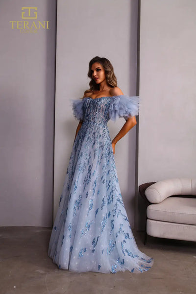 251P4500 A-line Off-Shoulder Straps Tulle Blue Prom Ballgown