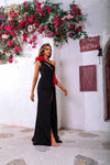 251P4530 Matte Satin Asymmetrical Side Slit Sleeveless Dress