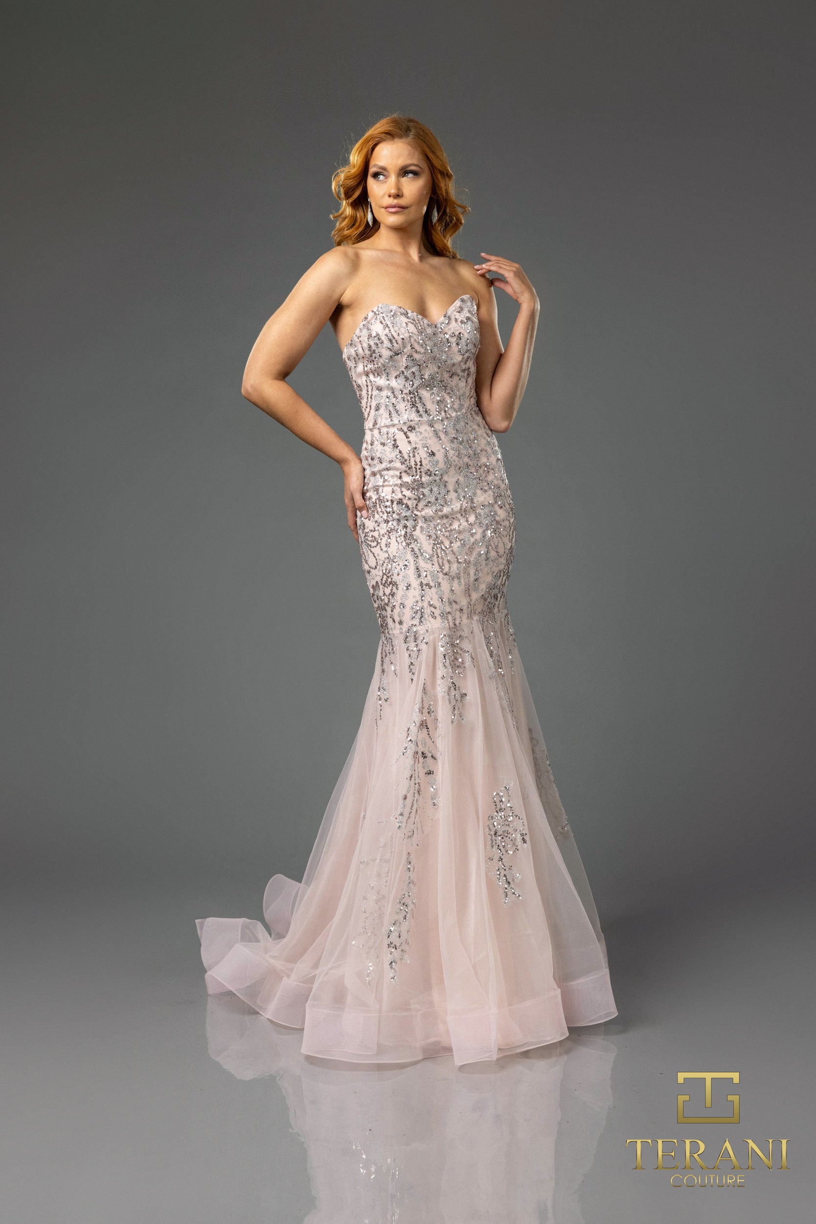 251P4641 Sweetheart Beaded Tulle Strapless Trumpet Prom Dress