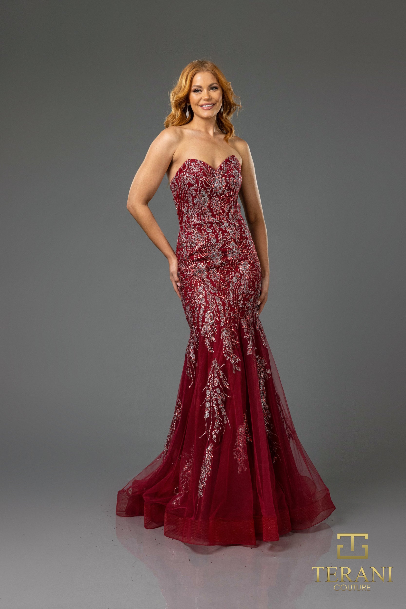 251P4641 Sweetheart Beaded Tulle Strapless Trumpet Prom Dress