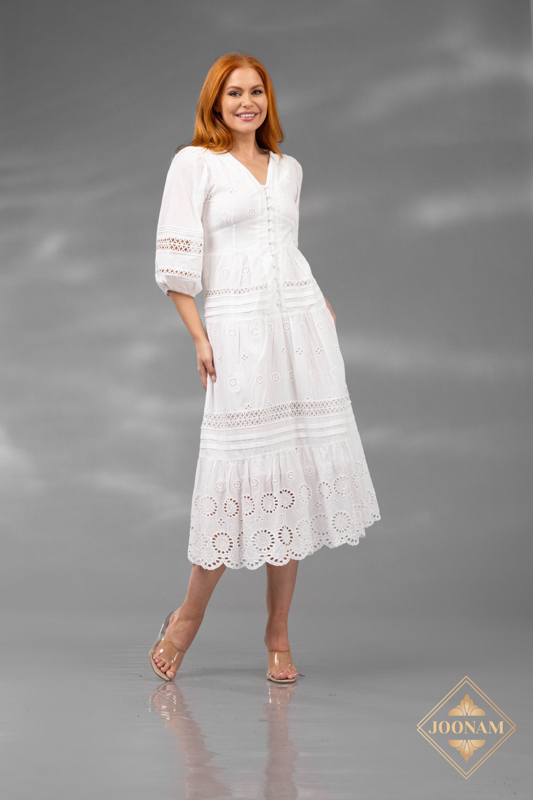 v neck full sleeves a line Cotton Dress - 251S4527
