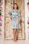 Full Sleeves Blue Round Neck Straight Printed Dress - 251S4662