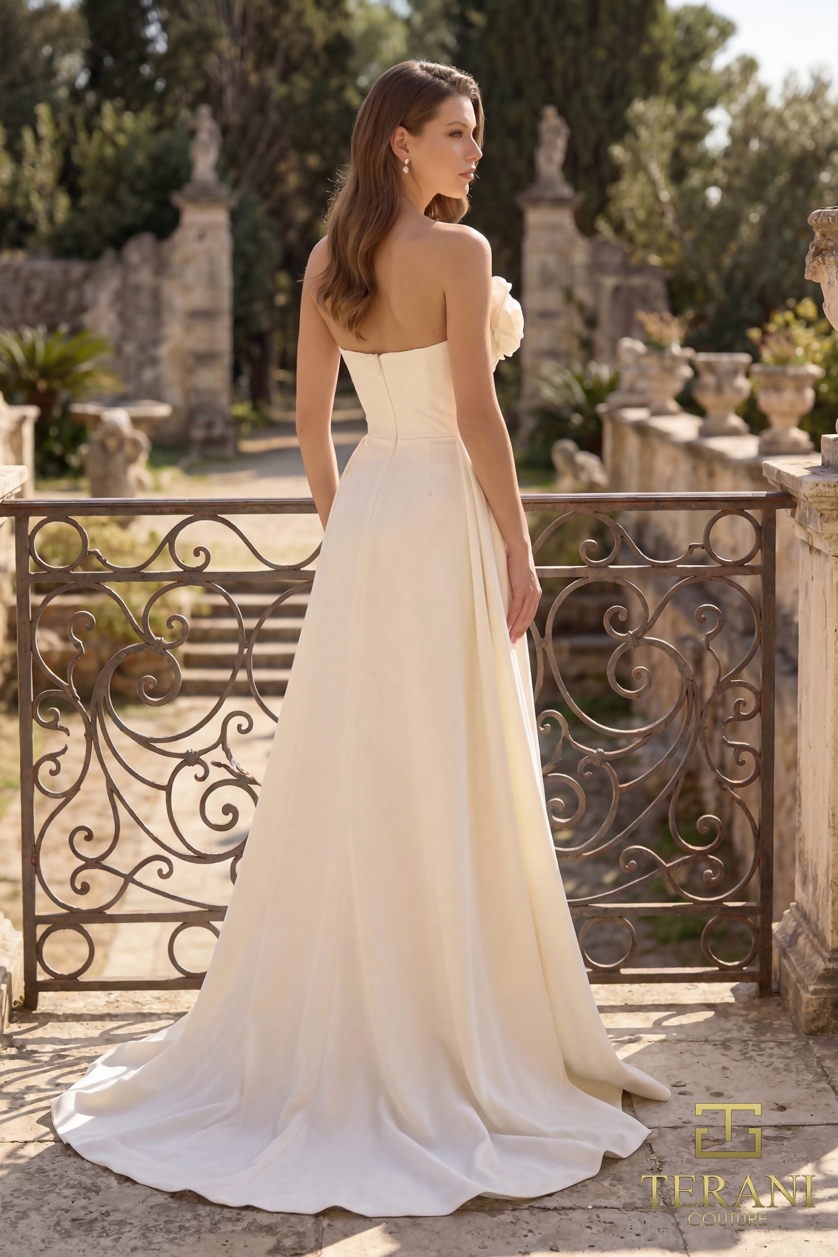 251E4251 Asymmetrical Front Slit Stretch Mikado Dress