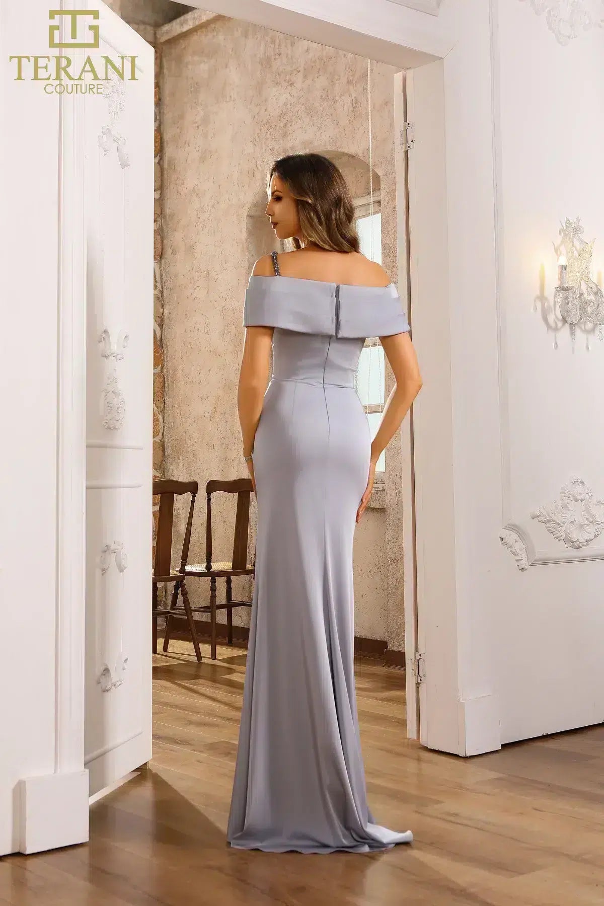 251E4587 Off The Shoulder Fit And Flare Satin Evening Dress