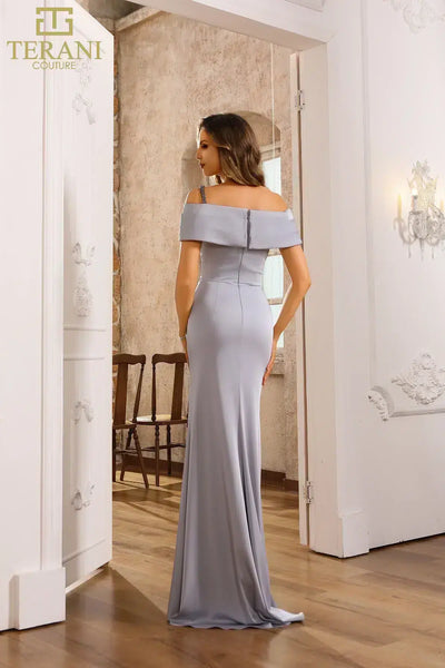 251E4587 Off The Shoulder Fit And Flare Satin Evening Dress