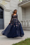 251M4408 Full Sleeves Scoop Neck Beaded Tulle Ballgown Dress