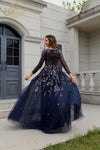 251M4408 Full Sleeves Scoop Neck Beaded Tulle Ballgown Dress
