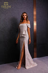 251M4435 Sheath Off The Shoulder Cap Sleeves Jacquard Long Dress