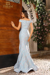 251M4457 Off The Shoulder Jacquard Long Trumpet Blue Dress