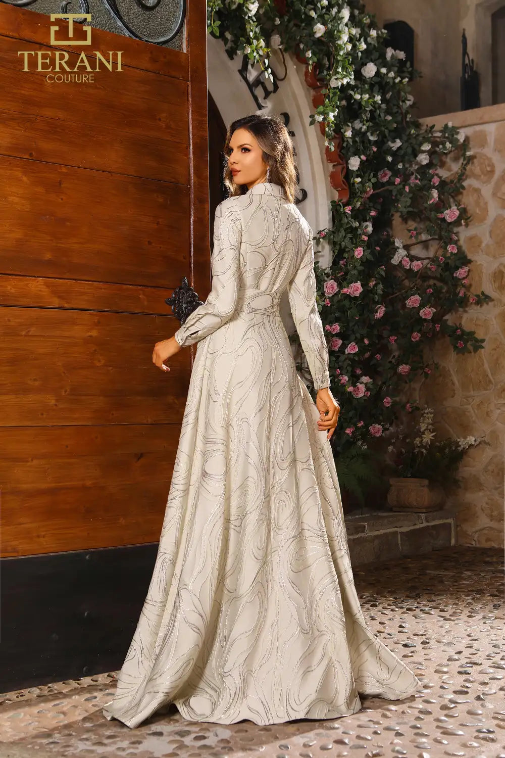 251M4458 A-line Full Sleeves Jacquard Long Dress
