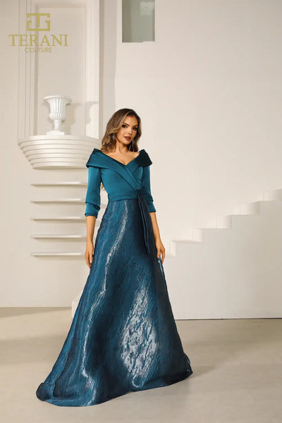 251M4461 V-neck Shimmer Long A-line Blue Dress
