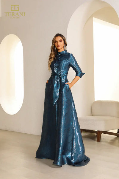 251M4462 Shimmer A-line Long Blue Dress