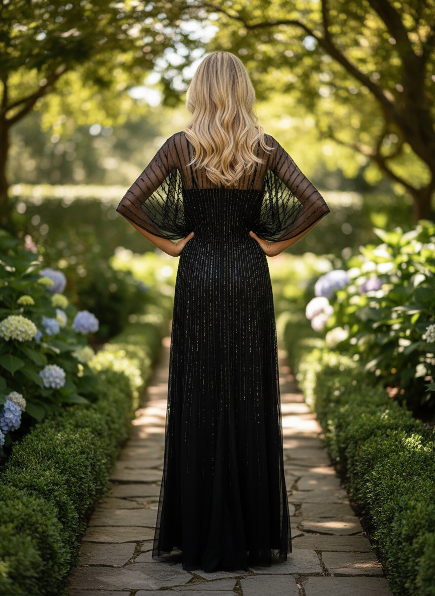 251M4613 V-neck Sequin Long A-line Dress