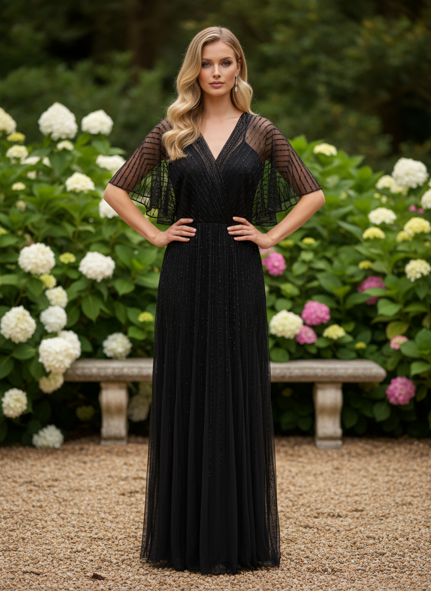 251M4613 V-neck Sequin Long A-line Dress