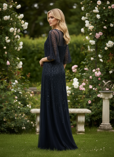 251M4613 V-neck Sequin Long A-line Dress