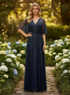 251M4613 V-neck Sequin Long A-line Dress